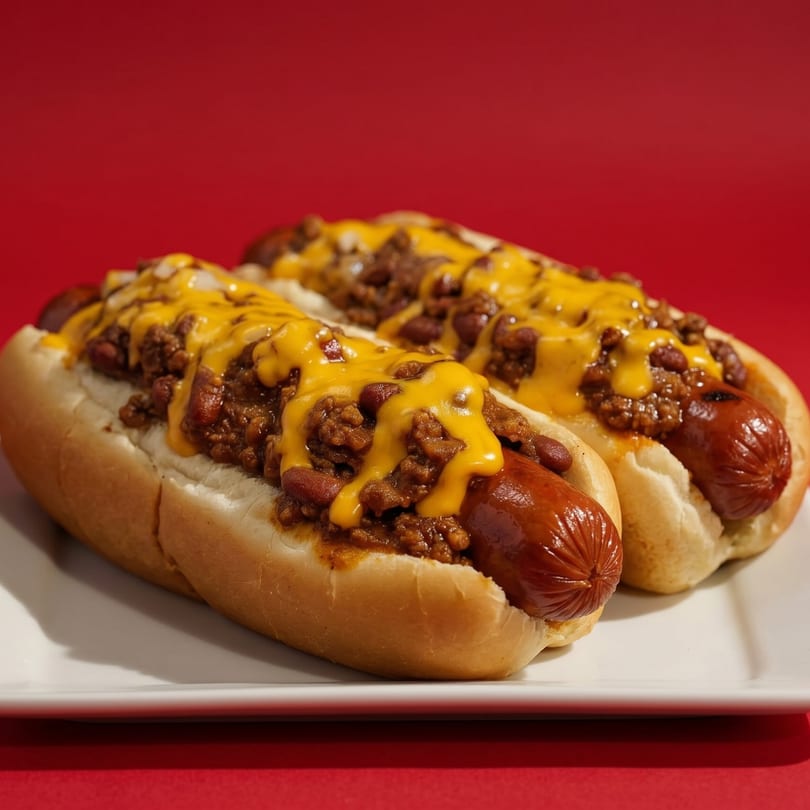 Two chili cheese hot dogs with diced onions on a white plate against a red background.