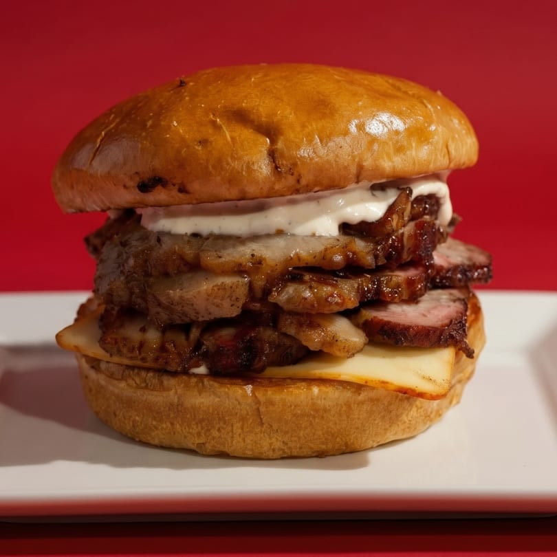A stacked meat sandwich with white sauce and cheese on a bun, against a red background.