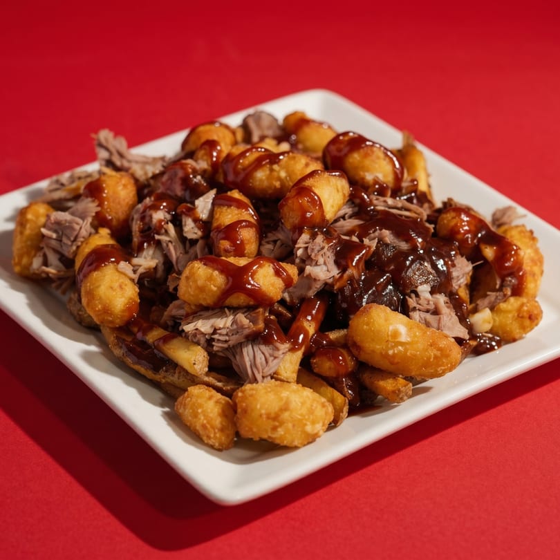 Pulled pork poutine with tater tots, fries, and barbecue sauce on a white plate.